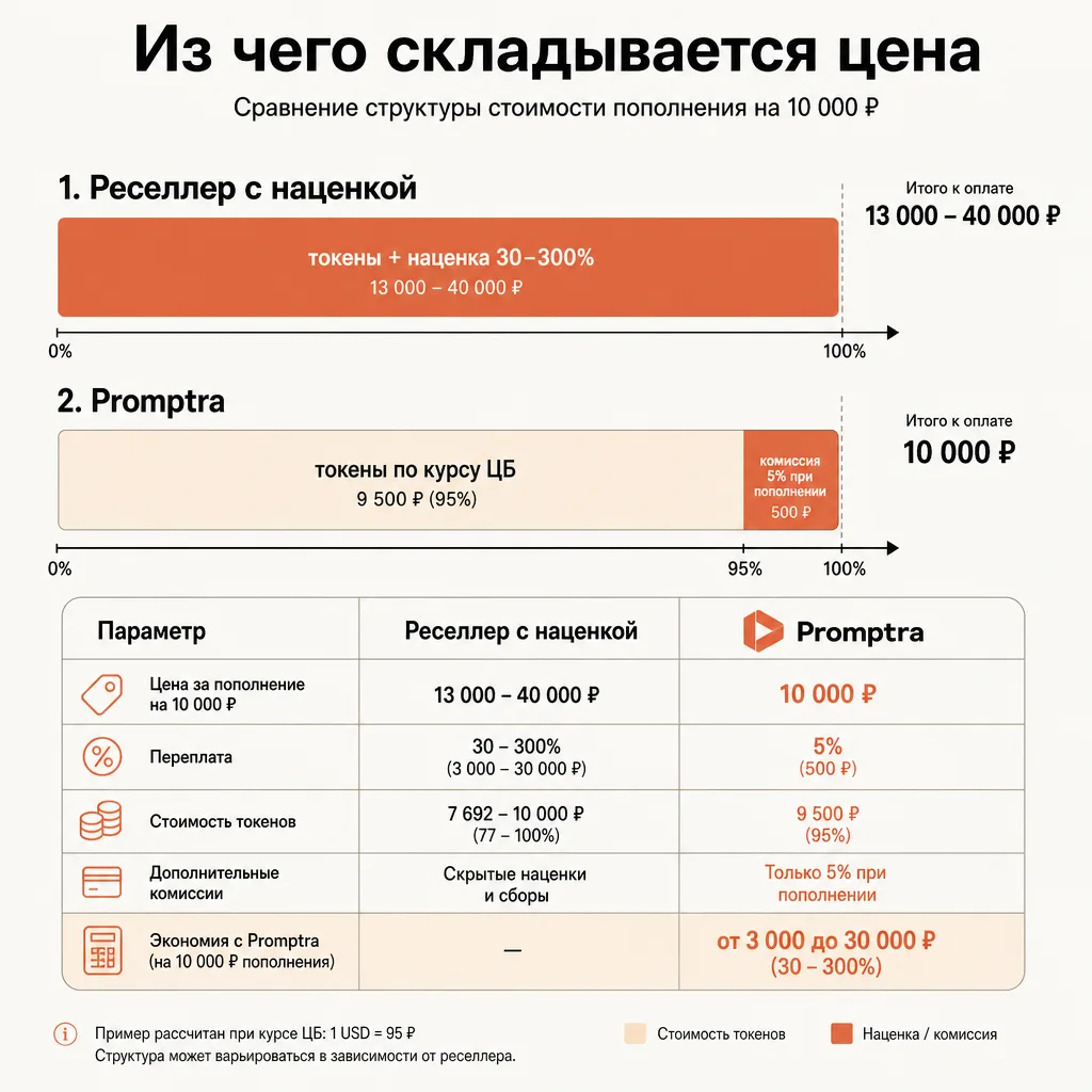 Две горизонтальные шкалы-полосы одинаковой длины как два прайса, под ними тонкая ось, левая полоса разбита на длинный сегмент и короткий хвост-комиссию, правая полоса цельная, визуальное сравнение структуры цены без чисел, тёплые тона терракоты и кремового