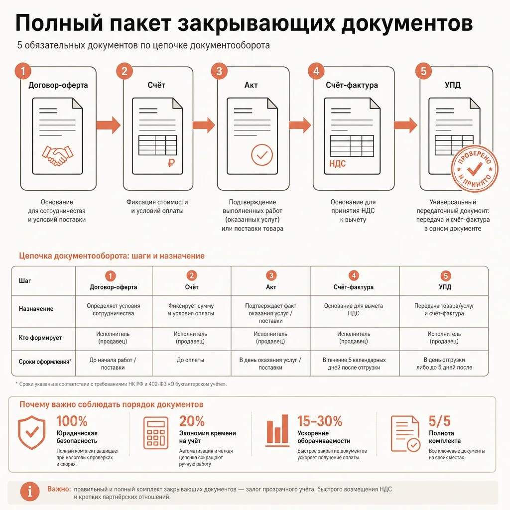 Поток документооборота как горизонтальная цепочка из пяти связанных прямоугольных карточек разной фактуры, идущих слева направо со стрелками между ними, последняя карточка с символом печати, всё в тёплых кремово-терракотовых тонах без текста