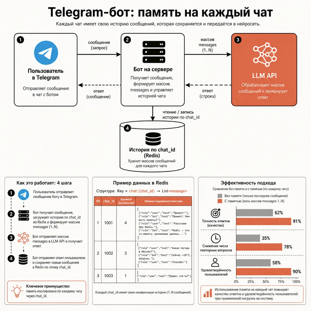Схема Telegram-бота на нейросети: пользователь пишет в Telegram, бот на сервере хранит отдельную историю по chat_id, отправляет её в LLM API через шлюз и возвращает ответ в чат, русские подписи к блокам