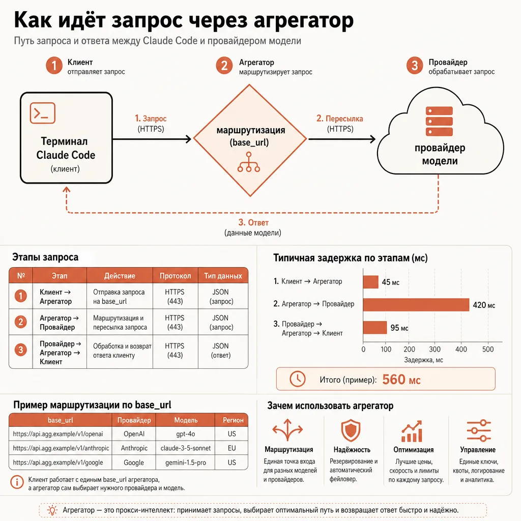 Диаграмма потока запроса через агрегатор: терминал с Claude Code отправляет пакет данных, стрелка ведёт к промежуточному узлу-ромбу с подписью-маркером маршрутизации, оттуда стрелка к большому облаку провайдера модели и обратный пунктир ответа, всё в чистом техническом стиле без подписей