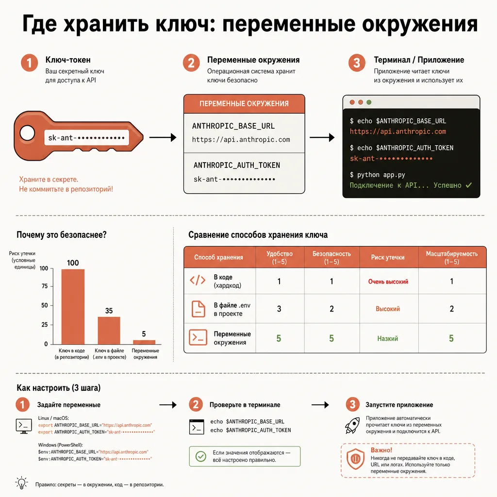 Концепт получения и хранения API-ключа: стилизованный ключ-токен на переднем плане, за ним контур терминала и файл конфигурации, тонкая линия связывает ключ с окружением запуска, аккуратная геометрия без надписей в тёплых тонах