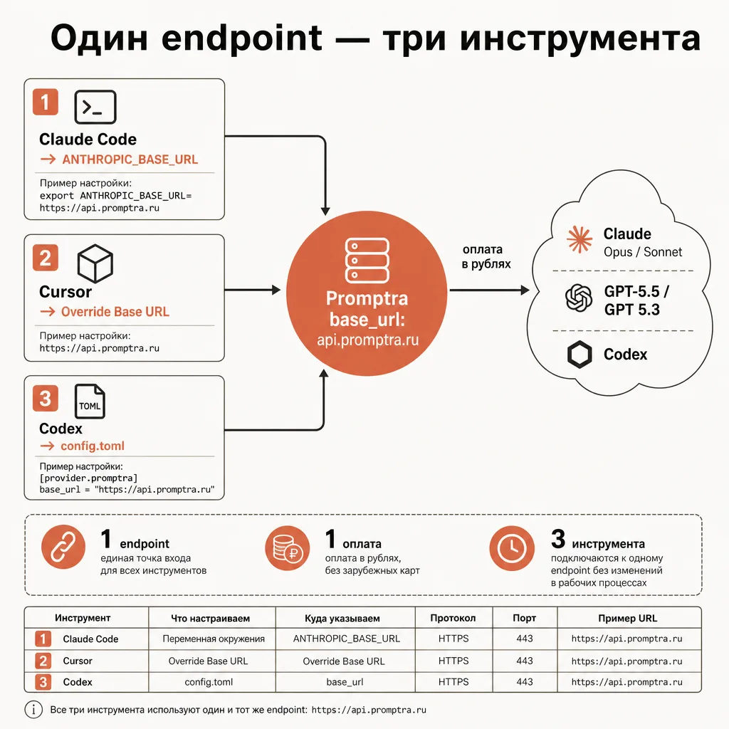 Схема подключения base_url для трёх инструментов: слева три блока инструментов Claude Code, Cursor и Codex с подписями способа настройки ANTHROPIC_BASE_URL, Override Base URL и config.toml, в центре терракотовый узел Promptra base_url, справа облако моделей Claude и GPT, стрелки потока запросов, подписи на русском, кремовый фон, плоский вектор