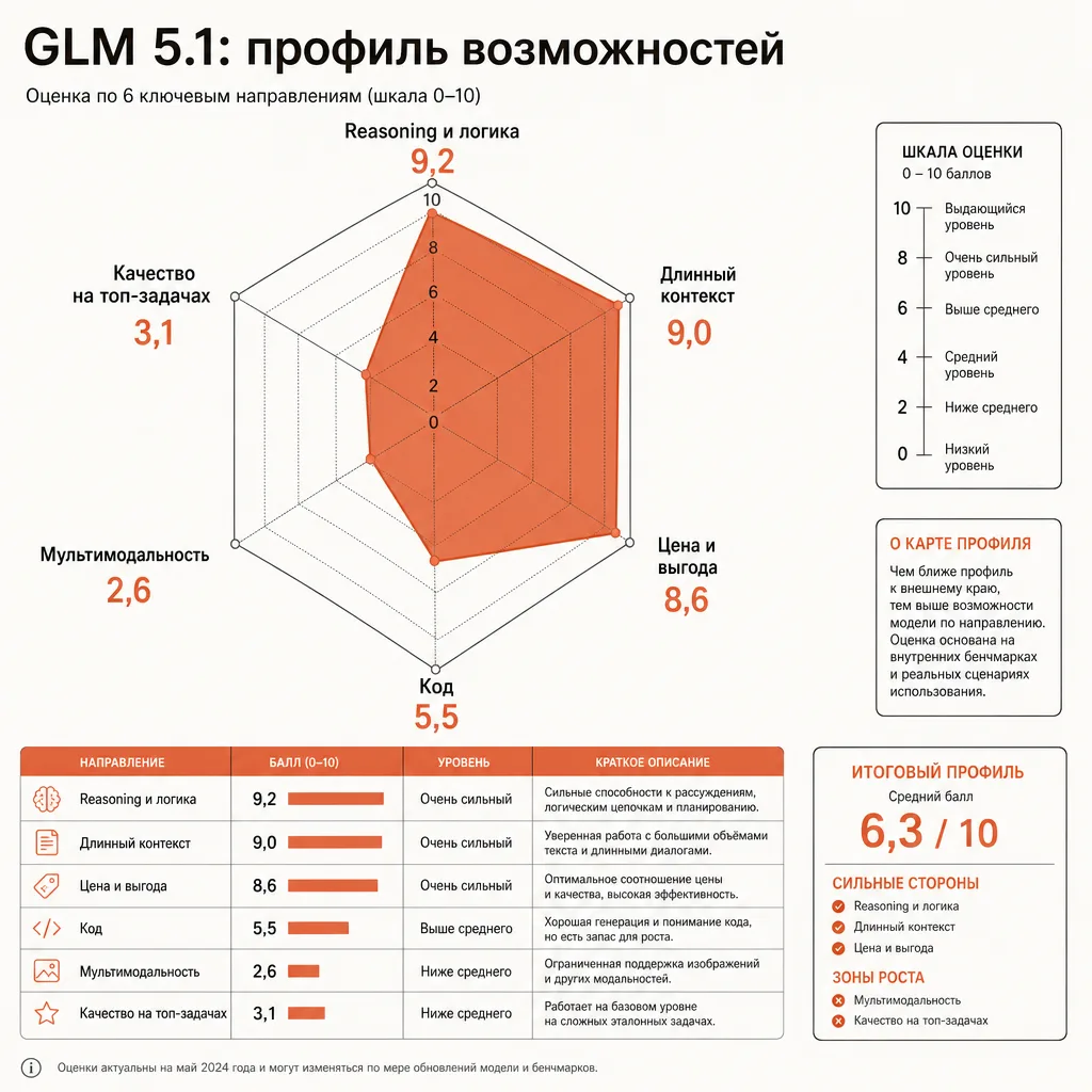 Профиль возможностей GLM 5.1 в виде радарной диаграммы с шестью осями: Reasoning и логика — высоко, Длинный контекст — высоко, Цена и выгода — очень высоко, Код — средне, Мультимодальность — низко, Качество на топ-задачах — средне; залитый терракотовый многоугольник на кремовом фоне