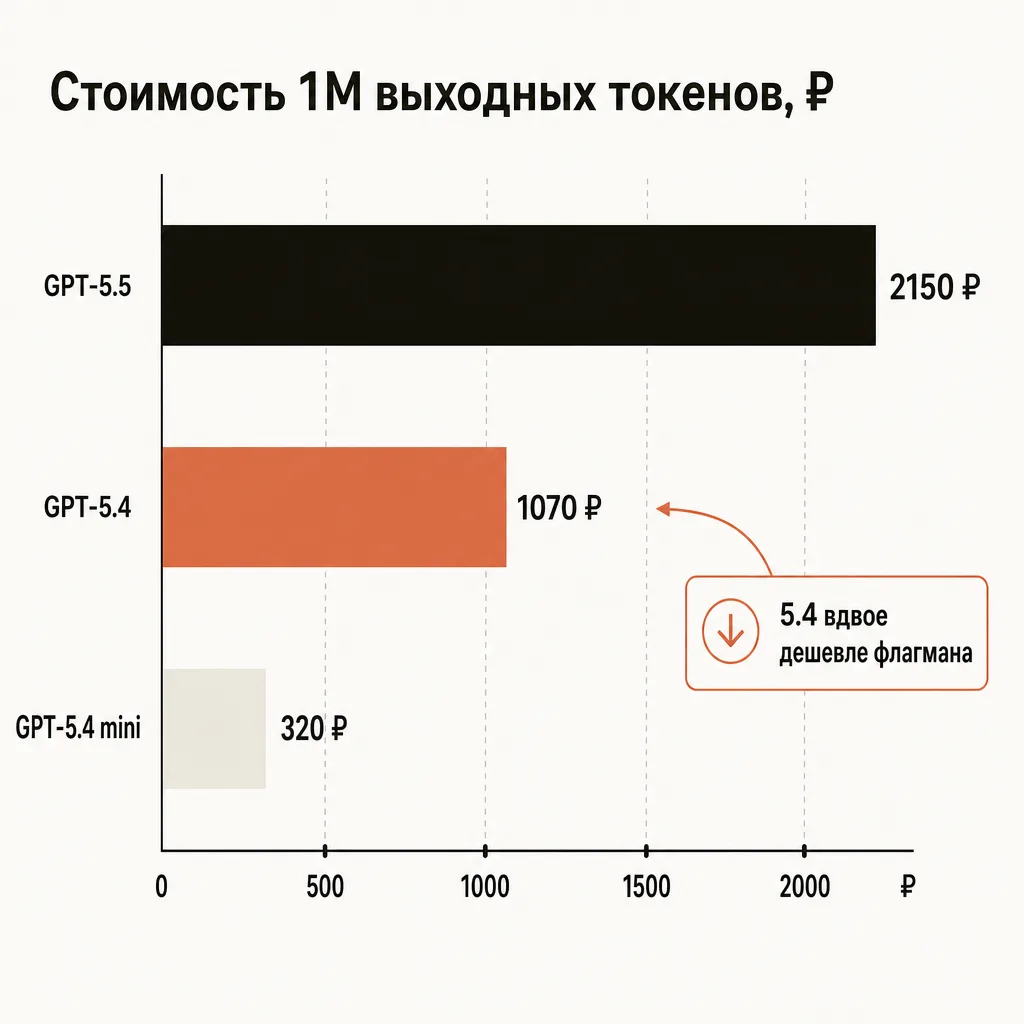 Горизонтальная столбчатая диаграмма стоимости 1M выходных токенов в рублях: GPT-5.5 2150 рублей, GPT-5.4 1070 рублей терракотовым, GPT-5.4 mini 320 рублей, с подписями на русском