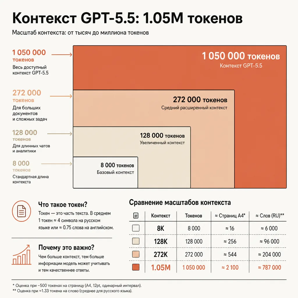 Сравнение масштаба контекстного окна: горизонтальная шкала с вложенными прямоугольниками от маленького к большому, где самый широкий блок обозначает миллион токенов и доминирует над остальными, тёплая бежевая палитра с терракотовым акцентом на крупнейшем блоке
