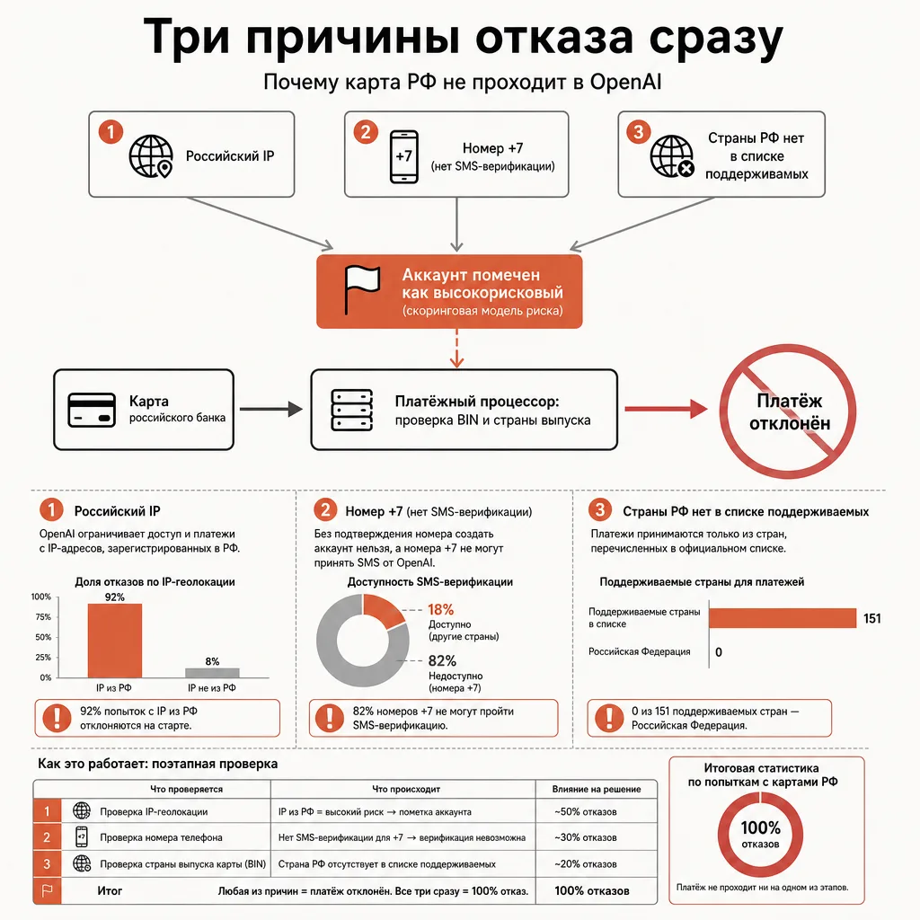 Блок-схема: почему карта РФ не проходит в OpenAI. Карта российского банка через узел «Платёжный процессор (проверка BIN и страны)» упирается в красный крест «отклонено», параллельно сигналы IP, номер +7, отсутствие в списке стран ведут к блоку аккаунта