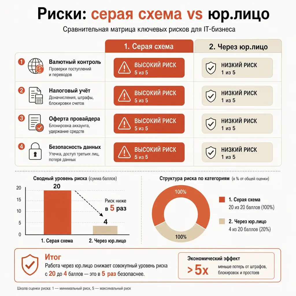 Сравнительная двухколоночная матрица рисков в виде сетки из ячеек: левая колонка с рядами заполненных тёмных кружков-маркеров высокого риска напротив строк-уровней, правая колонка с пустыми светлыми кружками низкого риска напротив тех же строк, без текста, плоский редакторский вектор, терракотовая заливка маркеров высокого риска
