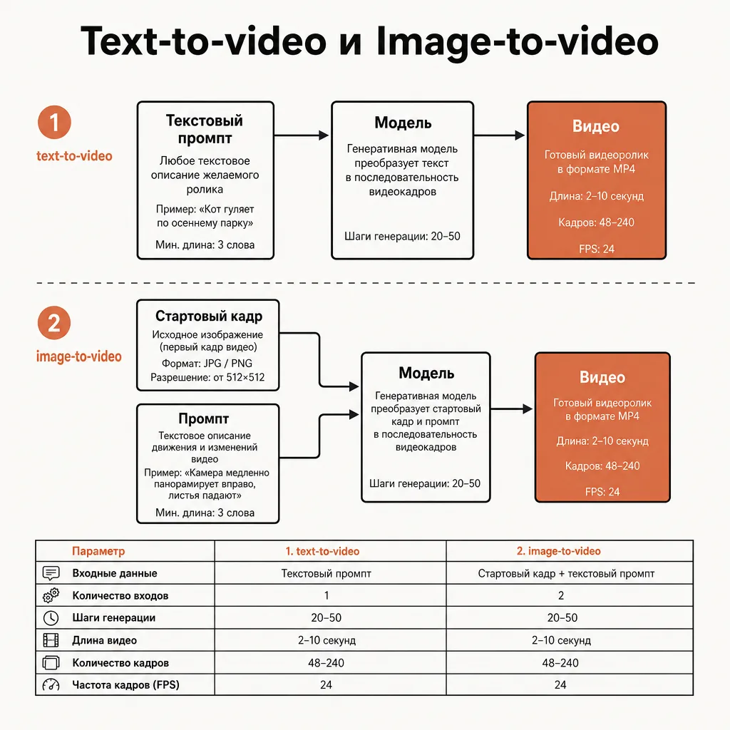 Схема двух режимов генерации: сверху text-to-video — прямоугольник «текстовый промпт» стрелкой в «модель» и в «видео»; снизу image-to-video — «стартовый кадр» плюс «промпт» стрелками в «модель» и в «видео», подписи на русском