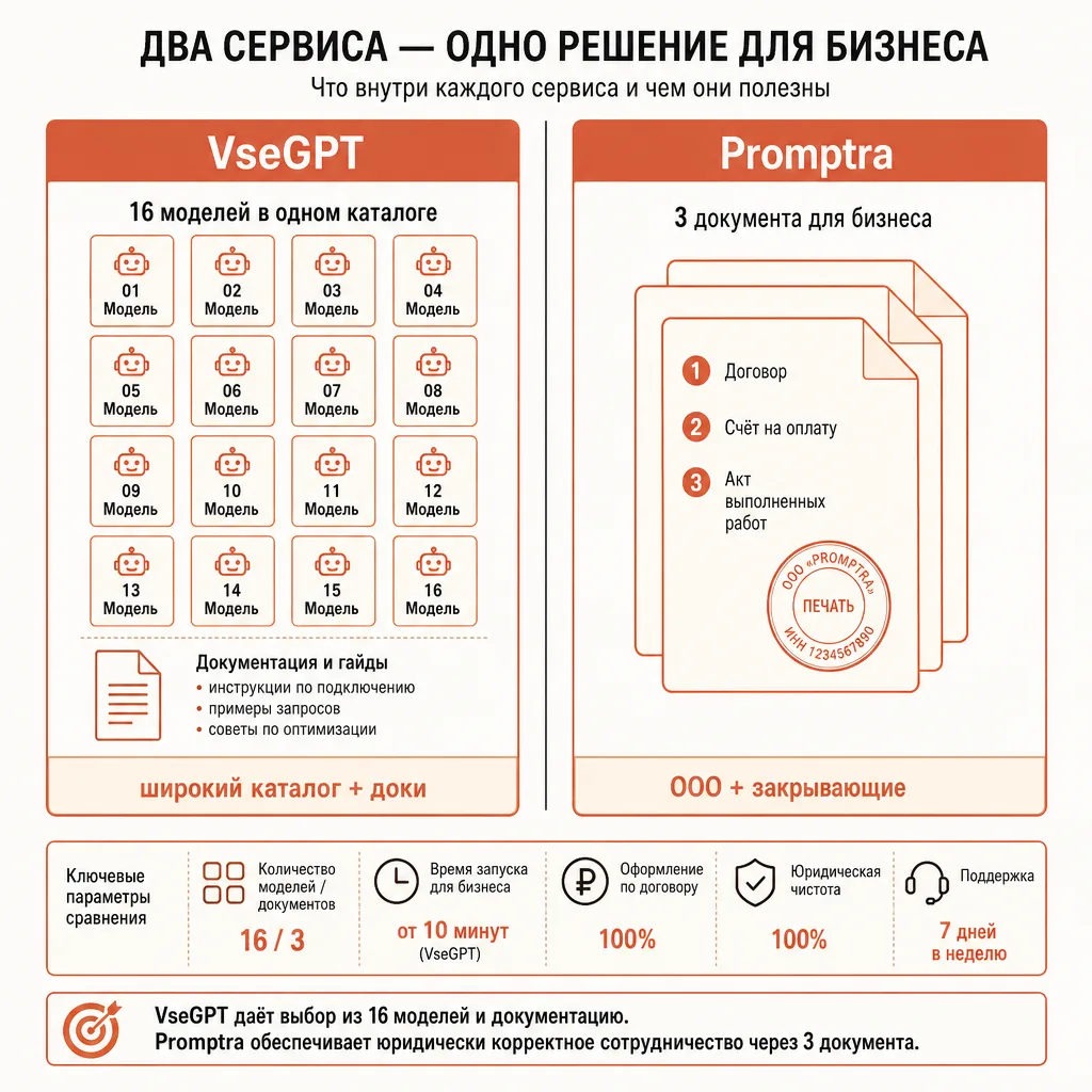 Два контурных блока-сервиса рядом: левый помечен как VseGPT с россыпью карточек-моделей и иконкой документации, правый помечен как Promptra с компактной стопкой документов и печатью, обе фигуры в тёплых кремово-терракотовых тонах, русские подписи