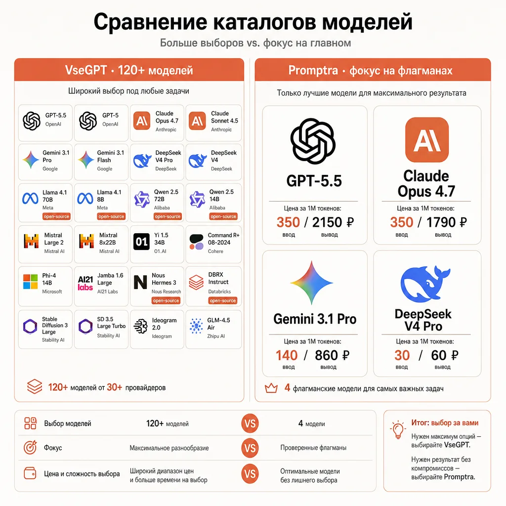 Сравнение каталогов двух агрегаторов: слева широкая россыпь из множества карточек-моделей с подписью VseGPT 120+ моделей и пометкой open-source, справа компактная сетка из выделенных карточек GPT-5.5, Claude Opus 4.7, Gemini 3.1 Pro, DeepSeek V4 Pro с подписью Promptra флагманы, числа и русские подписи, кремовый фон, терракотовые акценты